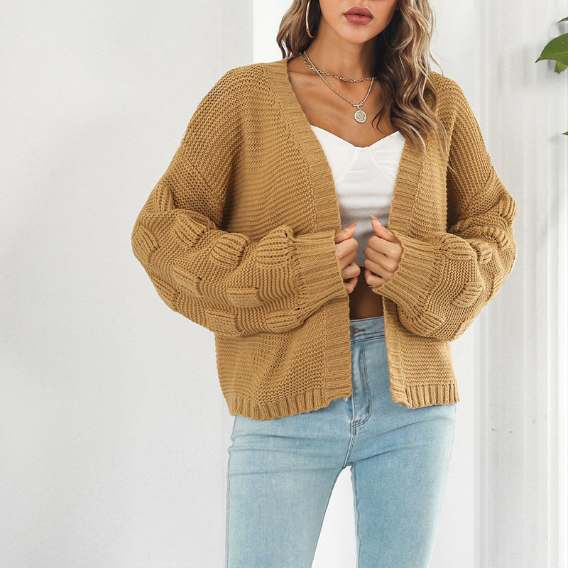 Damen Grobstrick Cardigan mit breiten Ärmeln und V-Ausschnitt Heidi-Mode