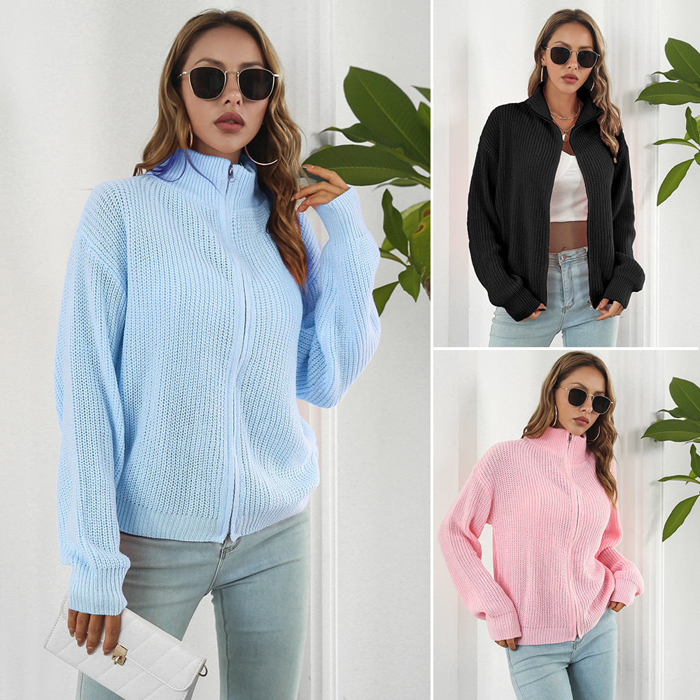 Damen lässiger Strickpulli mit hohem Kragen und Reißverschluss Heidi-Mode
