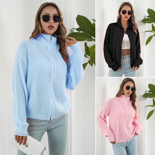 Damen lässiger Strickpulli mit hohem Kragen und Reißverschluss Heidi-Mode