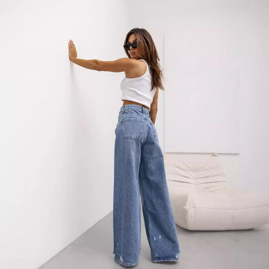 Damen Weit geschnittene Jeanshose mit hohem Bund und lässigem Stil Heidi-Mode