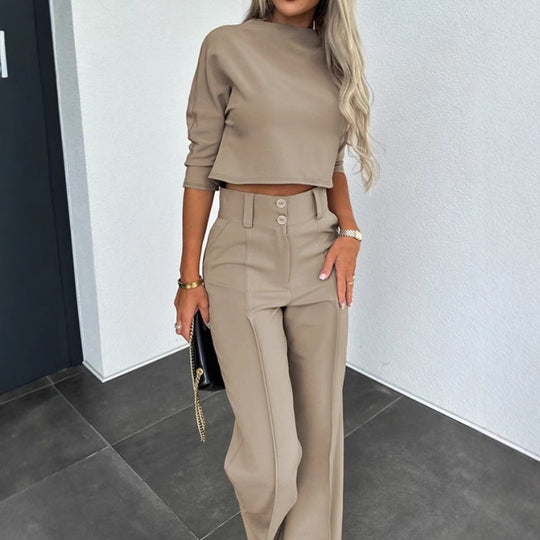 Damen Kombination aus cropped Oberteil und weit geschnittenen Hose Heidi-Mode