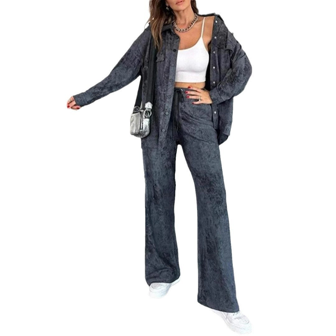 Damen Lässiges Blusen- und Hosen-Set aus weichem Material mit besonderen Texturen Heidi-Mode
