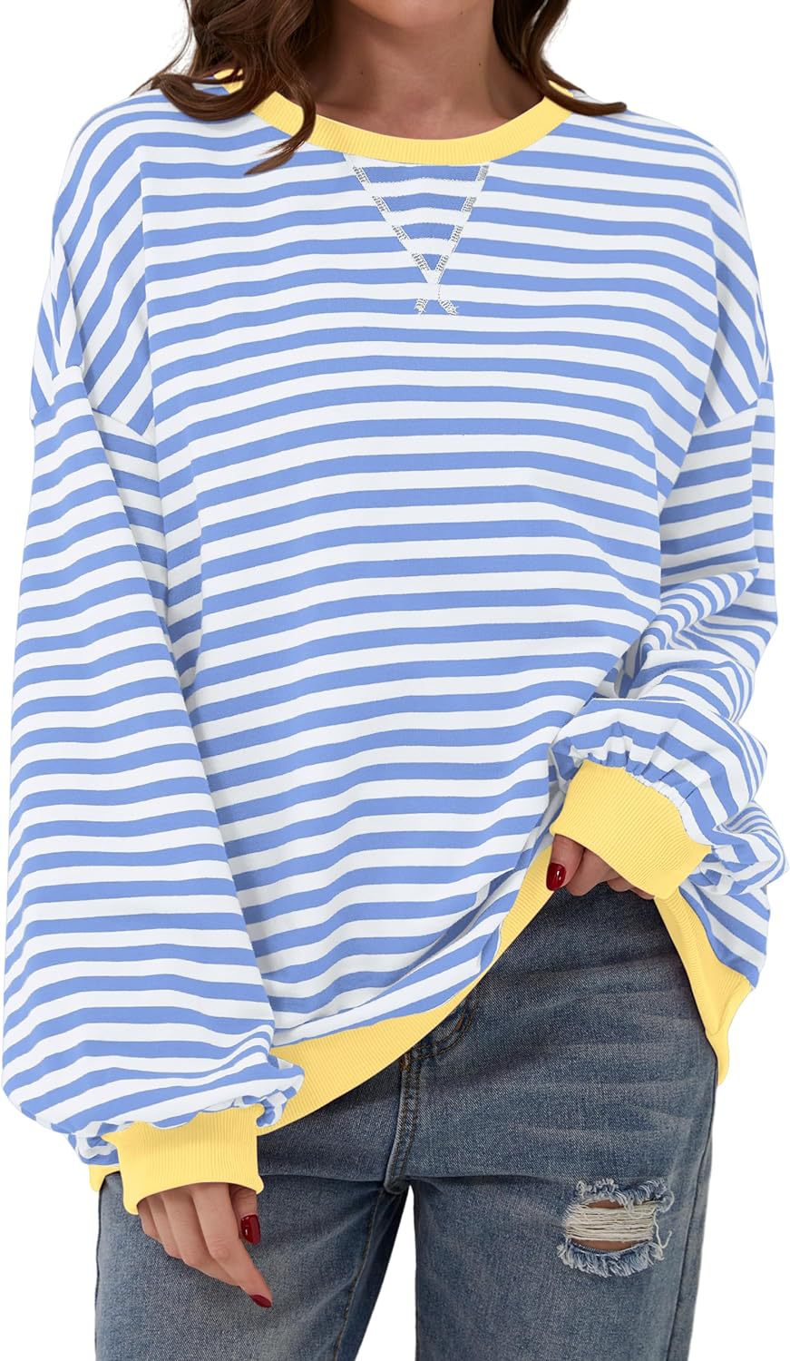 Damen lässiger Oversized Sweatshirt mit bunten Streifen und Kapuzenkordel Heidi-Mode