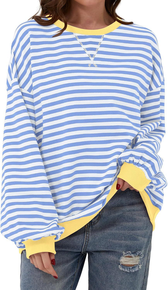 Damen lässiger Oversized Sweatshirt mit bunten Streifen und Kapuzenkordel Heidi-Mode