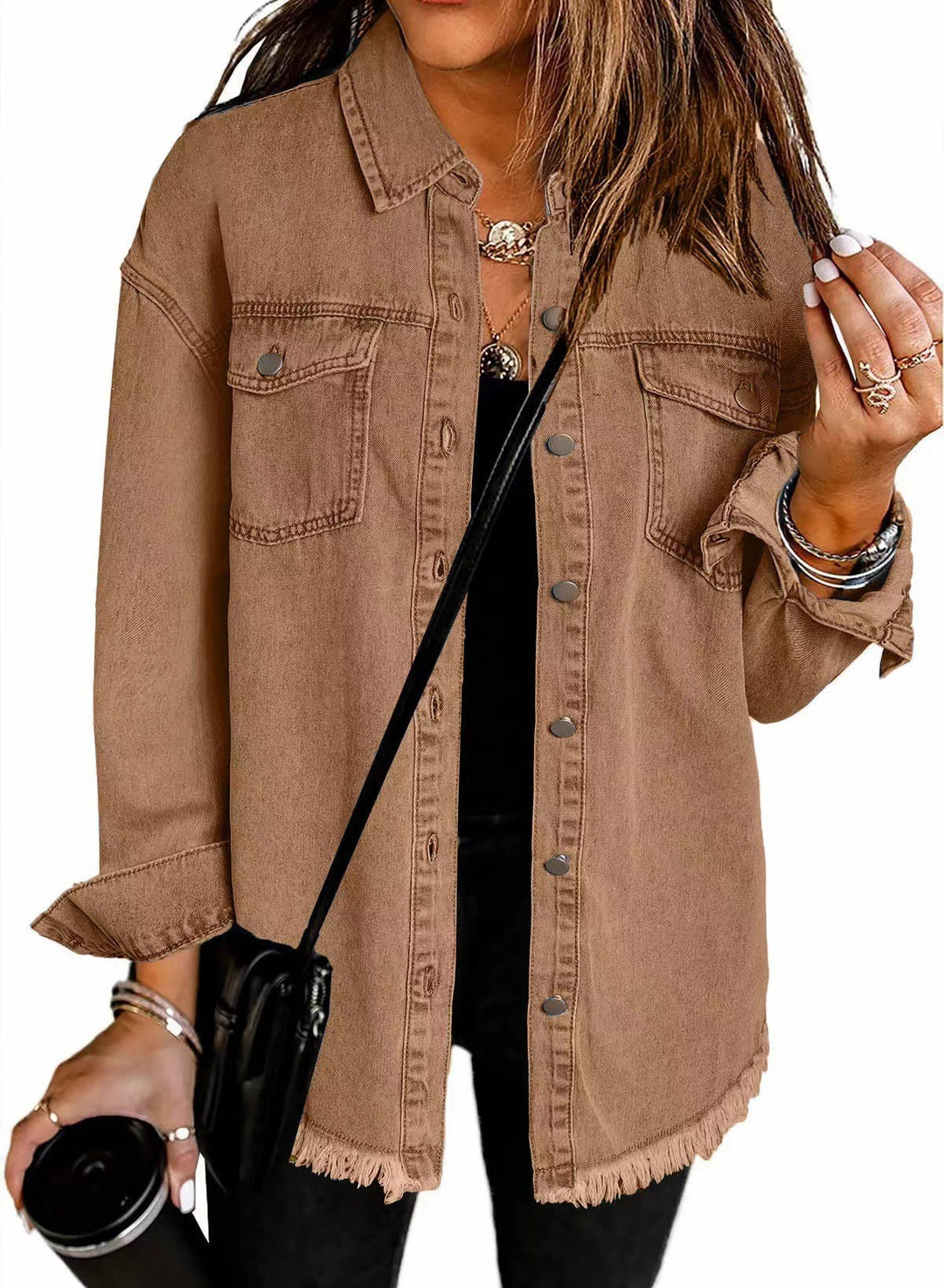 Damen Denim Overshirt mit fransigem Saum und Brusttaschen Heidi-Mode