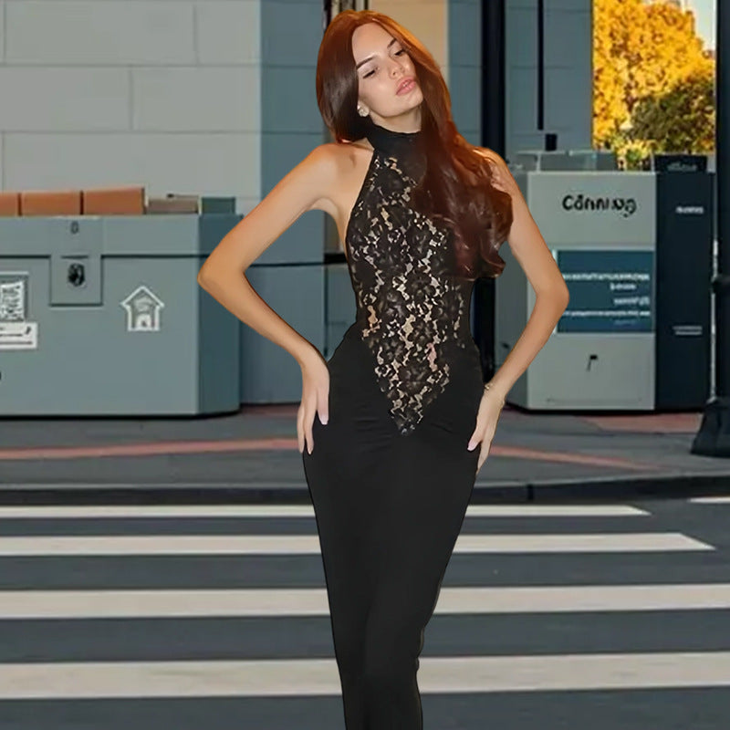 Damen Elegantes Spitzen-Maxikleid mit tiefem V-Ausschnitt und figurbetontem Schnitt Heidi-Mode