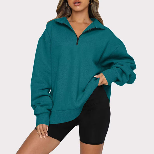 Damen modischer Oversized Pullover mit kurzem Reißverschluss und lässigen Ärmeln Heidi-Mode