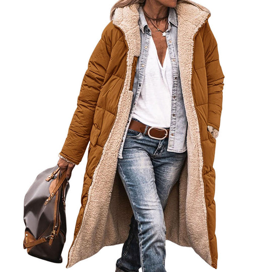 Damen lange Steppjacke mit kuscheligem Teddyfutter und großem Revers Heidi-Mode