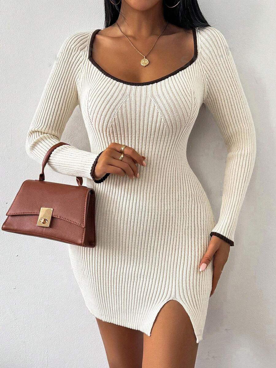 Damen figurbetontes Rippstrickkleid mit tiefem Ausschnitt und Seitenschlitz Heidi-Mode