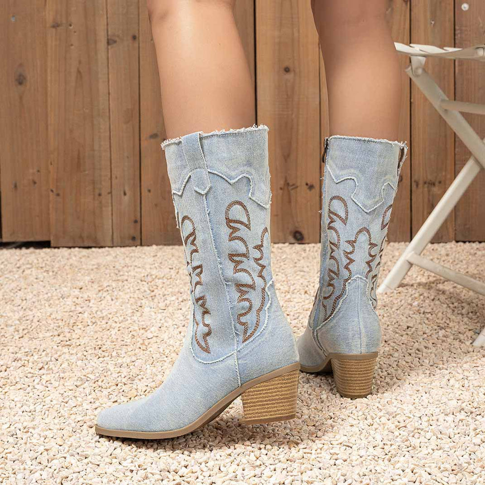 Damen Cowboy-Stiefel mit modischen Stickdetails und leichtem Blockabsatz Heidi-Mode
