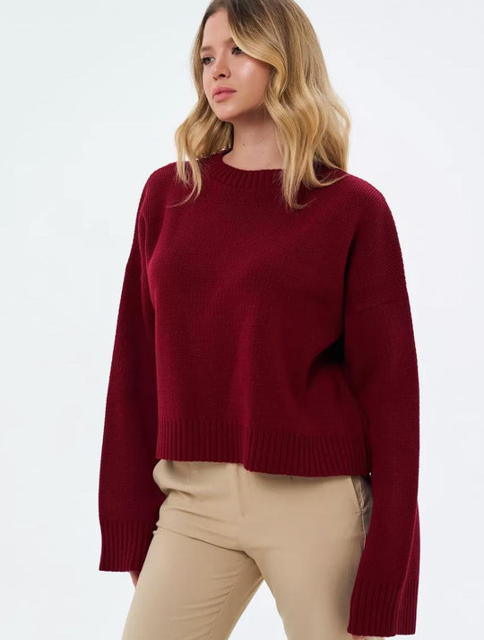 Damen gemütlicher Cropped-Pullover mit lässigen Ballonärmel und Rippstruktur Heidi-Mode