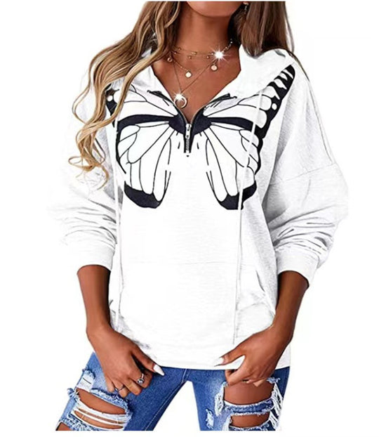 Damen lässiger Kapuzenpullover mit Schmetterlingsdruck und Halber Reißverschluss Heidi-Mode