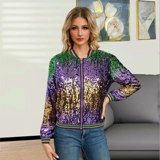Damen Glitzernde Bomberjacke mit paillettenbesetztem Design und elastischem Bund Heidi-Mode