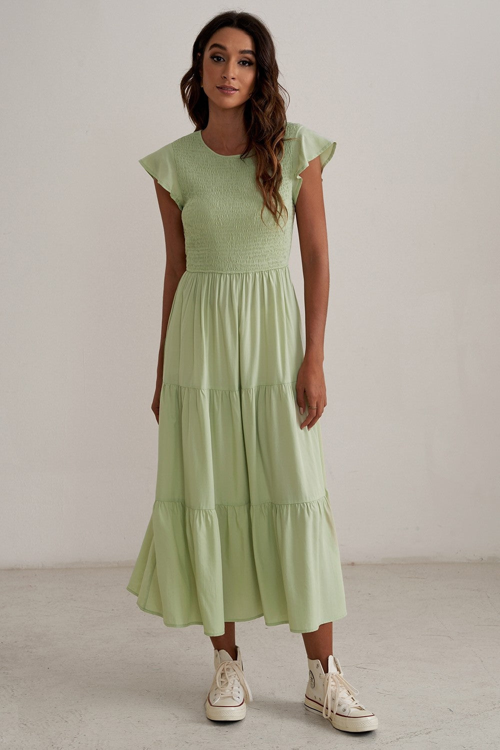 Damen Maxikleid mit voluminösen Rüschen und elastischem Rücken Heidi-Mode