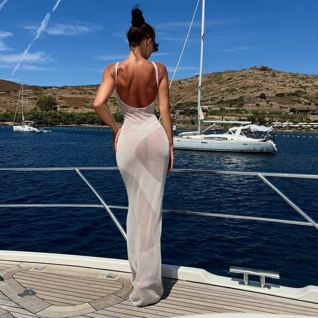 Damen Maxikleid aus transparentem Strickmaterial mit feinster Rippstruktur Heidi-Mode