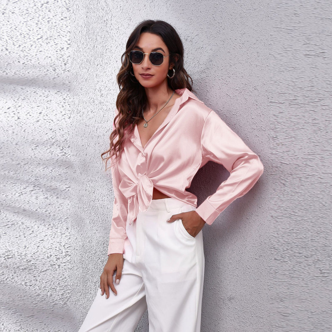 Damen Satin Bluse mit Knotenverschluss Heidi-Mode