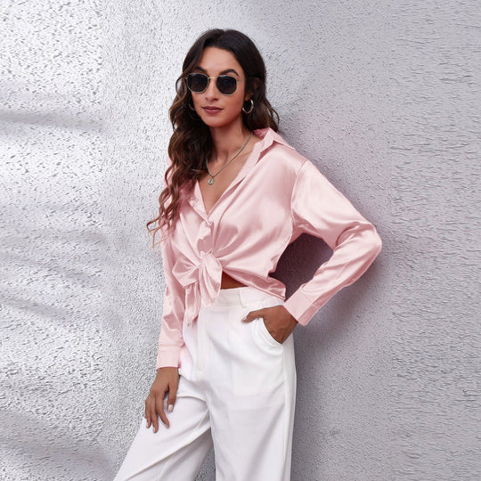 Damen Satin Bluse mit Knotenverschluss Heidi-Mode