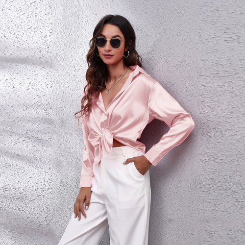 Damen Satin Bluse mit Knotenverschluss Heidi-Mode