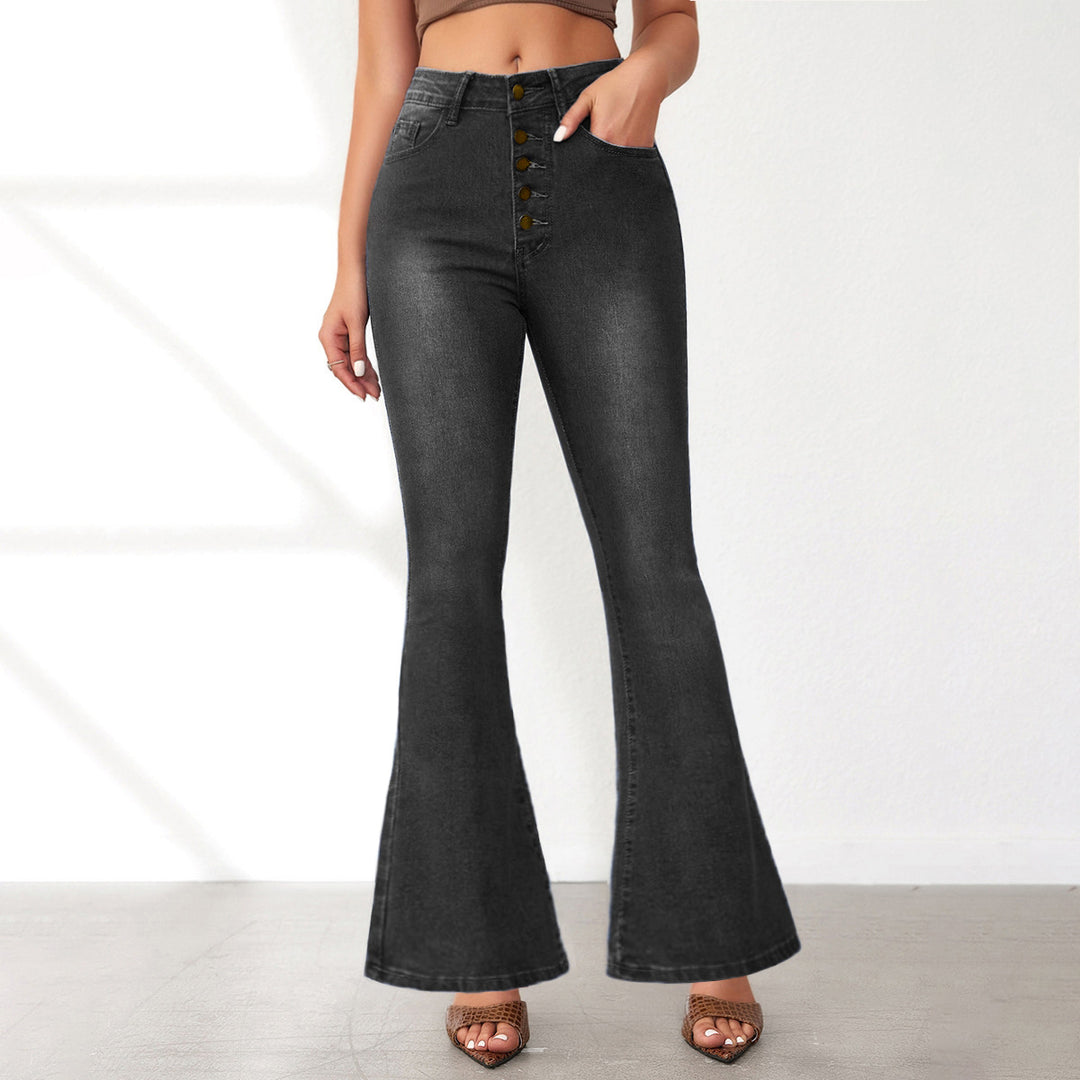Damen Flared Jeans mit Knopfverschluss und hohem Bund Heidi-Mode