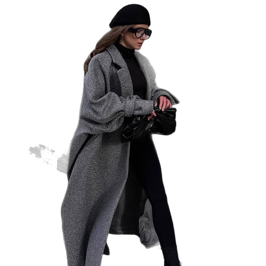 Damen Oversized Wollmantel mit gestreiftem Design und Gürtel Heidi-Mode