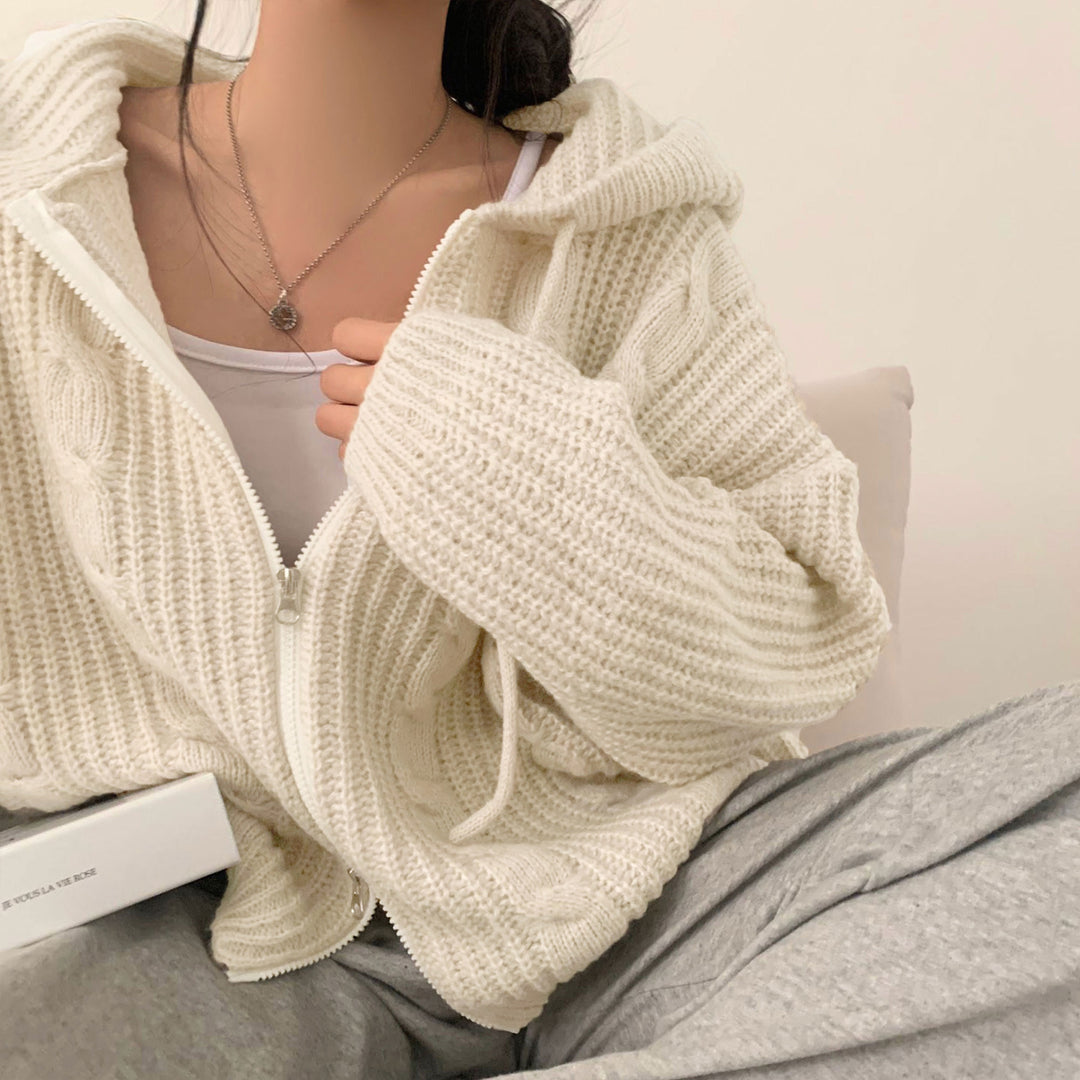 Damen Bequemer Strickjacke mit Kapuze und Reißverschluss Heidi-Mode