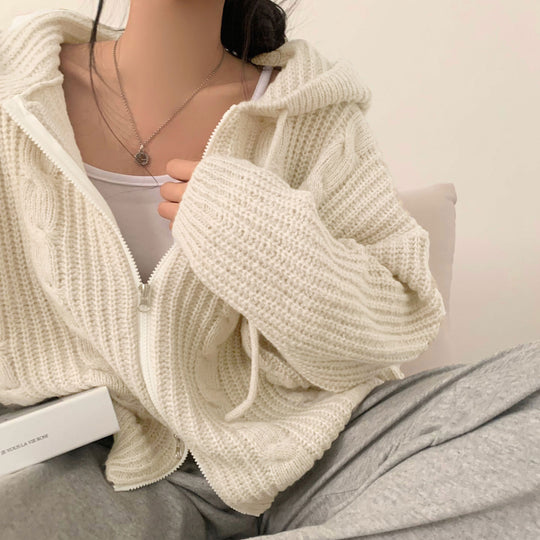 Damen Bequemer Strickjacke mit Kapuze und Reißverschluss Heidi-Mode