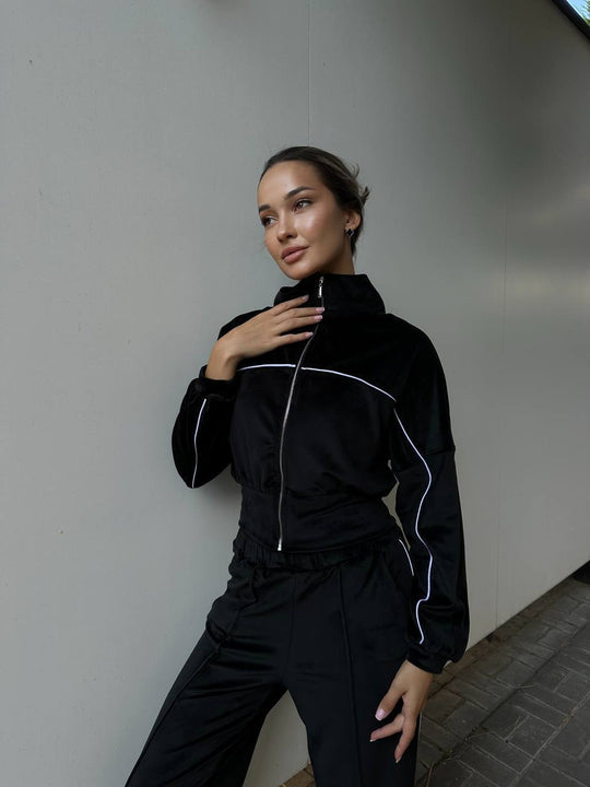 Damen sportliches Cropped Fleece-Set mit hohem Kragen und Reißverschluss Heidi-Mode
