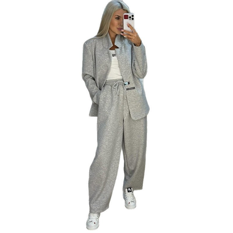 Damen lässige Sweater-Blazer-Kombination mit weit geschnittenen Hosen Heidi-Mode