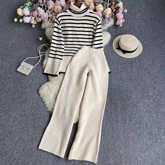 Damen elegantes gestreiftes Strickensemble mit hohem Kragen und weitem Bein Heidi-Mode