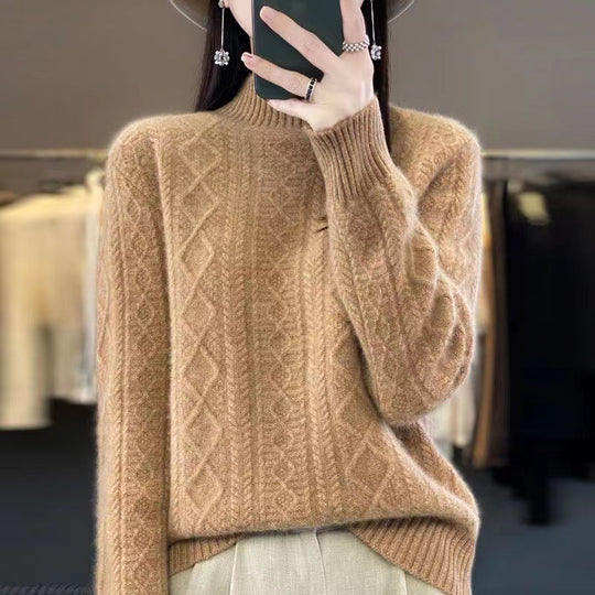 Damen Hochwertiger Strickpullover mit Stehkragen und Zopfdesign Heidi-Mode