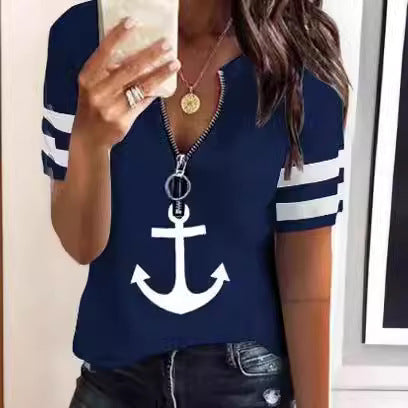 Damen Maritimes Kurzarm-Oberteil mit Reißverschluss und Ankerdesign Heidi-Mode