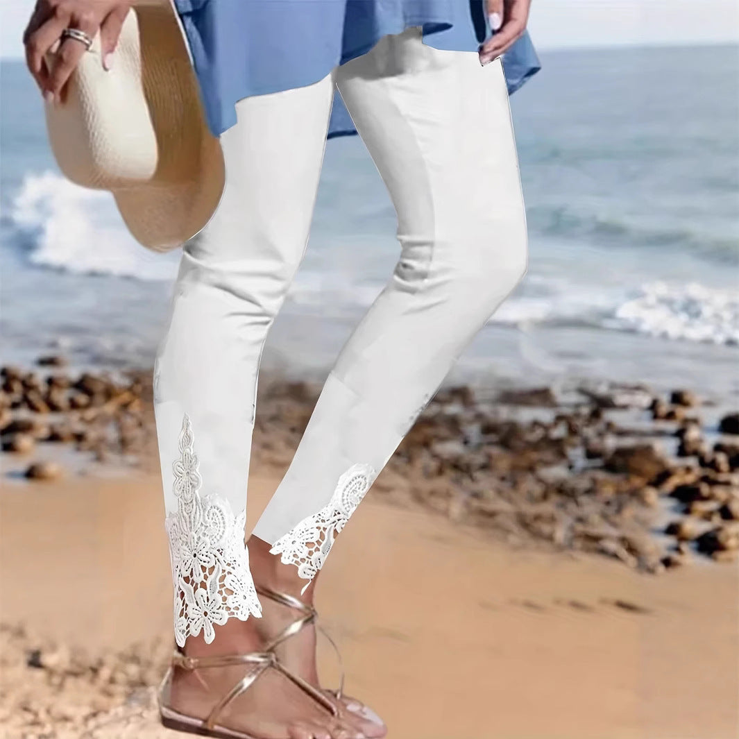 Damen Leggings mit spitzenbesetztem Saum und elastischem Bund Heidi-Mode