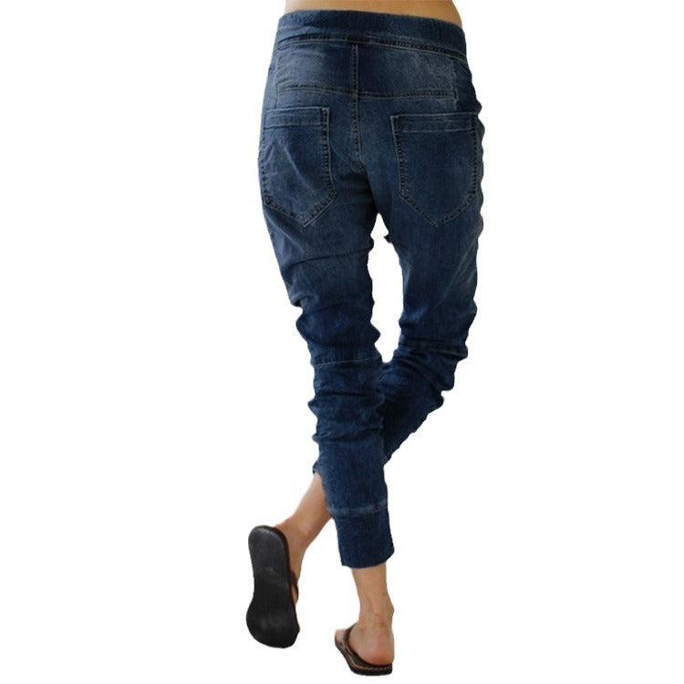 Damen lässige Denim-Haremshose mit Gummizug und tiefem Schritt Heidi-Mode