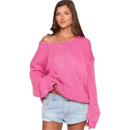 Damen oversized Strickpullover mit offenen Schultern und voluminösen Ärmeln Heidi-Mode