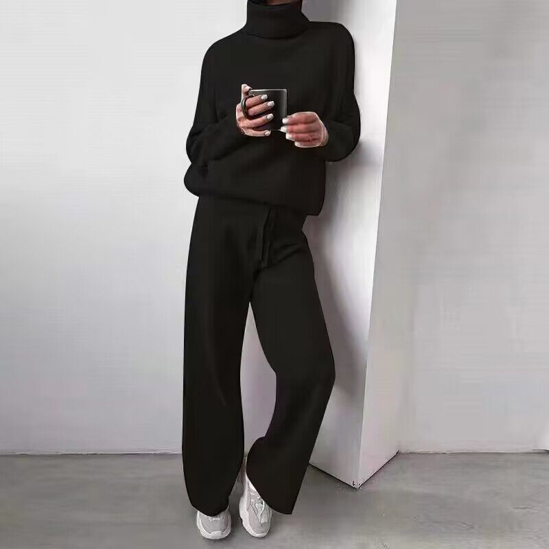 Damen kuscheliges Strick-Loungewear-Set mit weiten Hosen und elegantem Rundhalsausschnitt Heidi-Mode