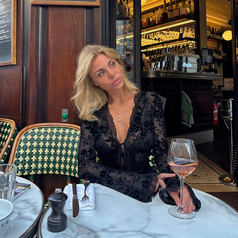 Damen transparente Bluse mit floralen Applikationen Heidi-Mode