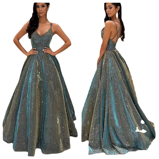 Heidi-Mode | Damen Spaghettiträger V-Ausschnitt A-Linie Glitzer Maxikleid