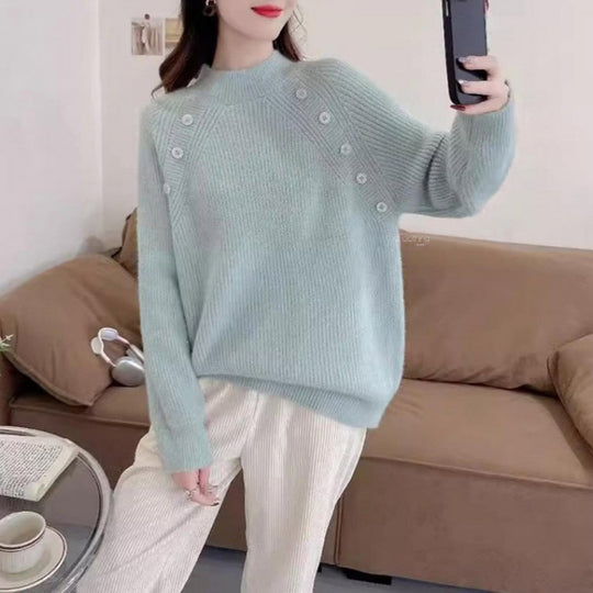 Damen Grobstrickpullover mit modernem Stehkragen und Knopfdetails Heidi-Mode