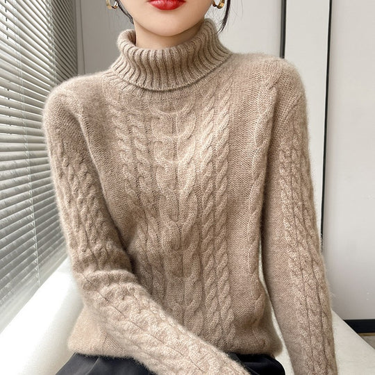 Damen Grobstrickpullover mit hohem Kragen und strukturiertem Zopfmuster Heidi-Mode