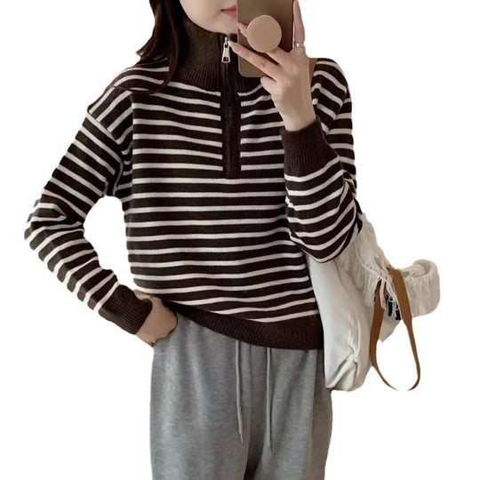 Damen Strickpullover mit kurzem Reißverschluss und modischem Streifenmuster Heidi-Mode
