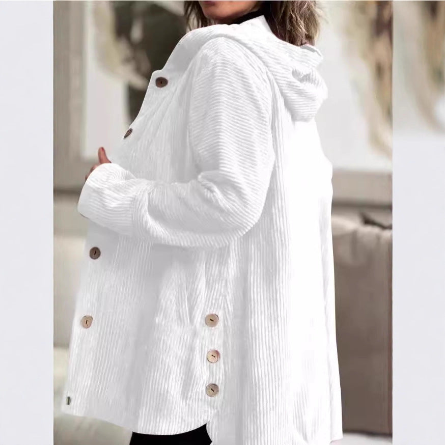 Damen Lässige cordjacke mit Kapuze und großen Knöpfen Heidi-Mode