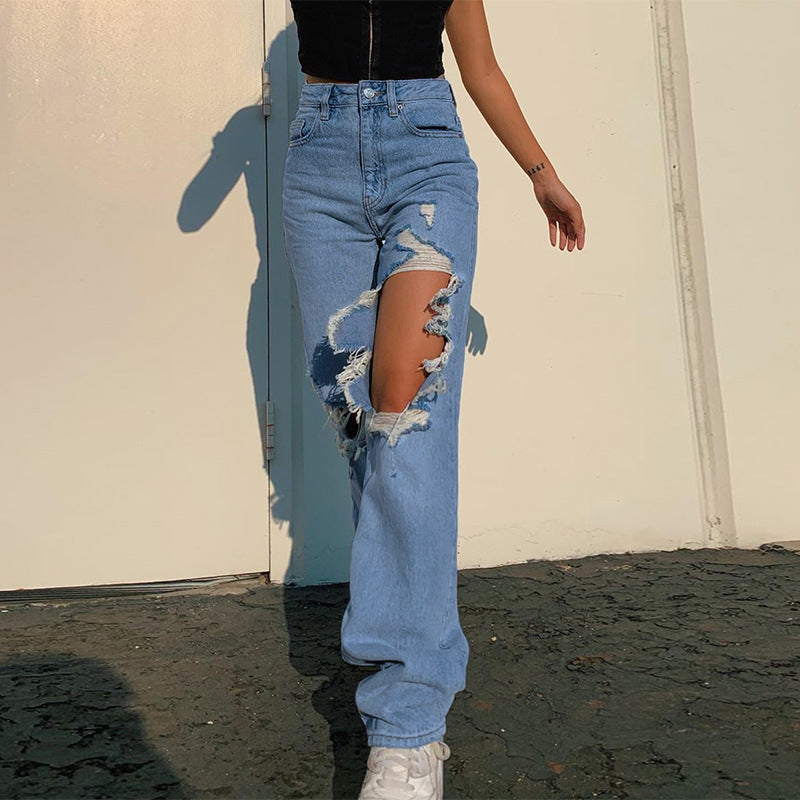 Heidi-Mode | Damen Hoch Taille Jeans mit Großen Rissen