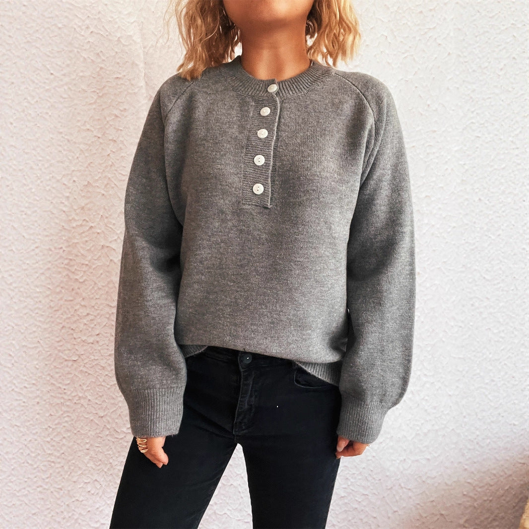Damen gemütlicher Strickpullover mit Knopfdetails Heidi-Mode