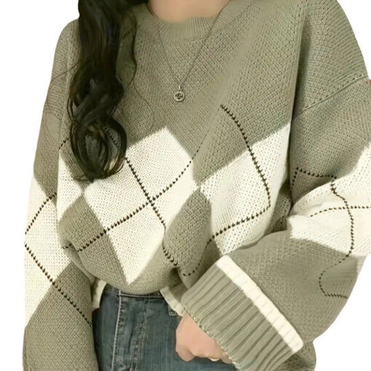 Damen Grobstrickpullover mit modernen Rautenmustern und weitem Schnitt Heidi-Mode