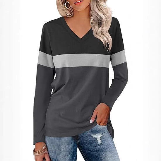 Damen Langarmshirt mit V-Ausschnitt und modernen Farbblöcken Heidi-Mode