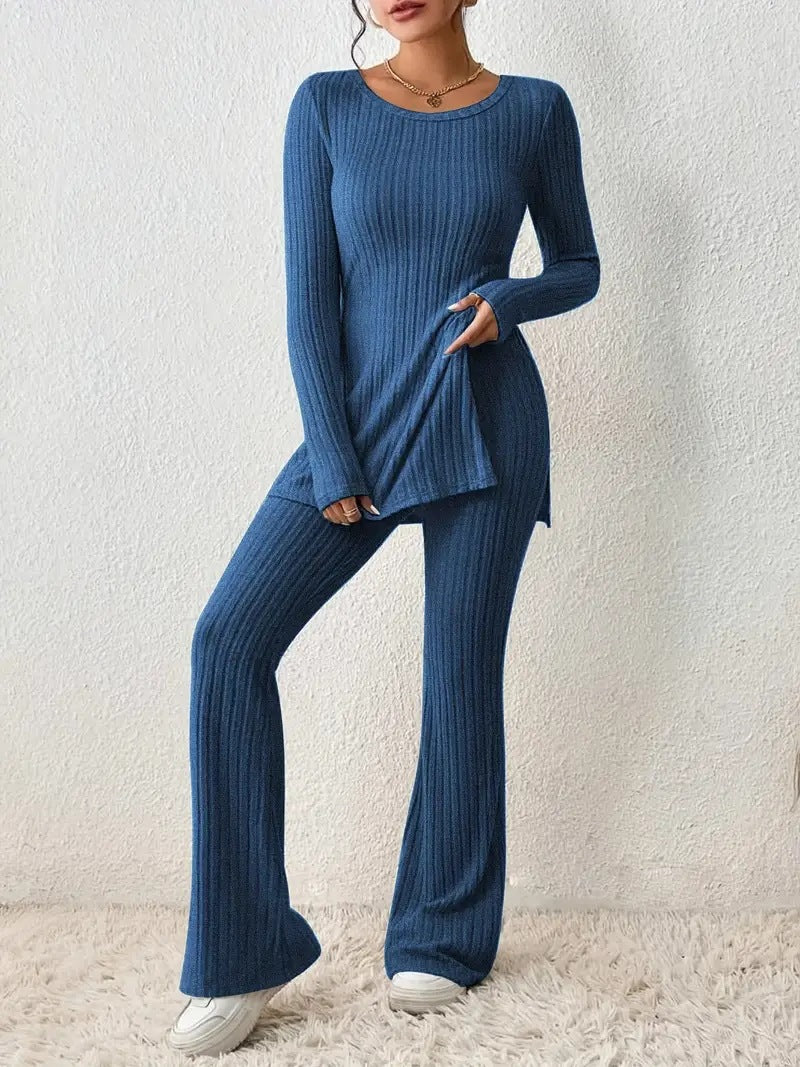 Damen Fein geripptes Lounge-Set mit langen Ärmeln und ausgestellten Beinen Heidi-Mode