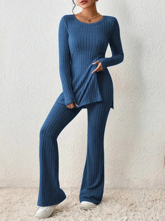 Damen Fein geripptes Lounge-Set mit langen Ärmeln und ausgestellten Beinen Heidi-Mode