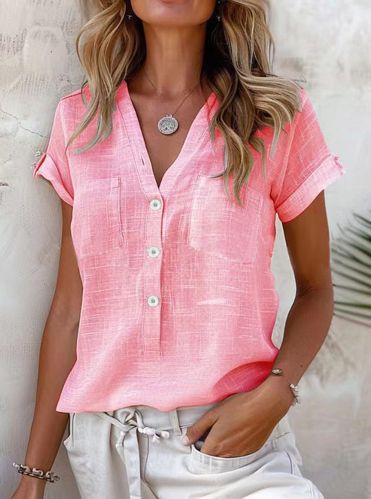 Damen Kurzarm Leinenbluse mit Knopfdetails Heidi-Mode