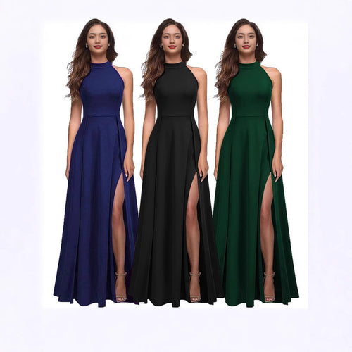 Damen Elegantes Maxikleid mit Seitenschlitzen und hochgeschlossenem Ausschnitt Heidi-Mode