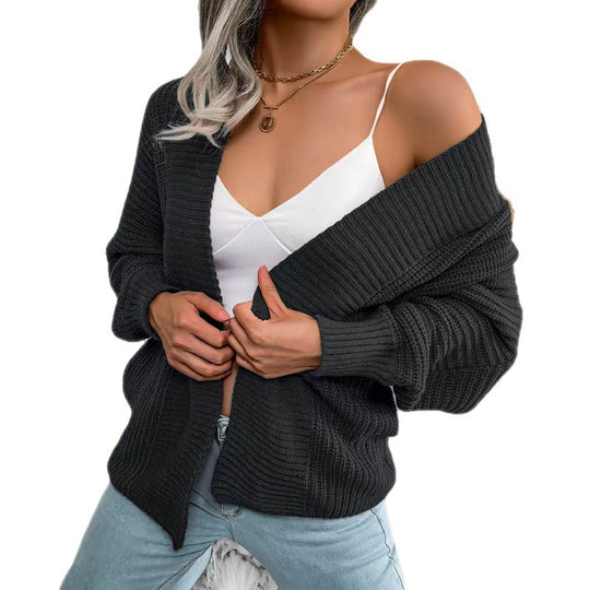 Damen Grobstrick Cardigan mit weit geschnittenen Ärmeln und offenem V-Ausschnitt Heidi-Mode